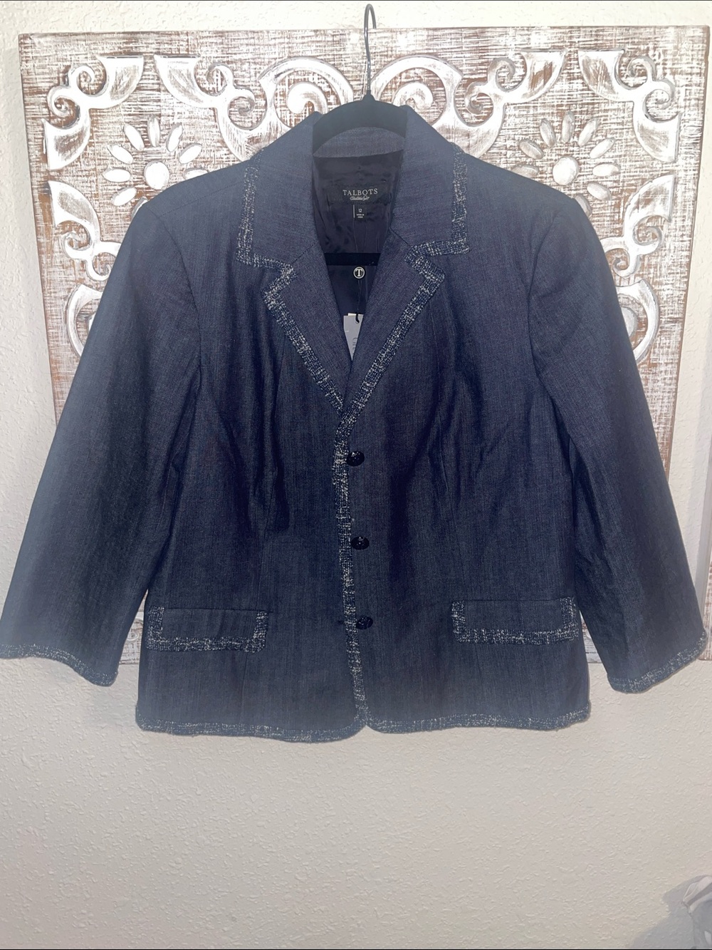 Talbots Dark Navy Denim Blazer with Frayed Trim
